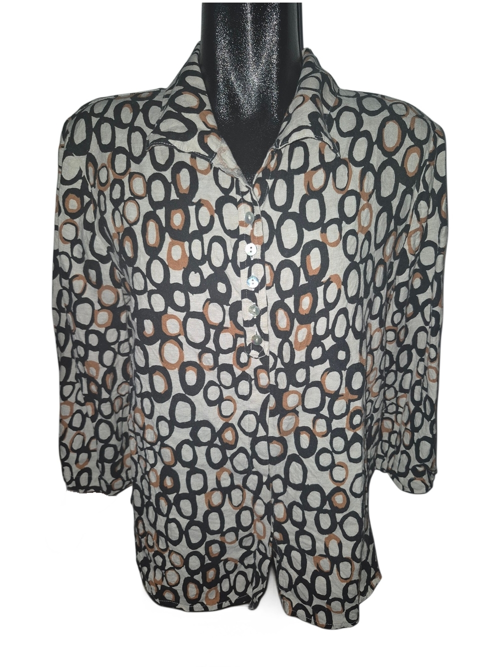 Habitat Womens Black And Tan Linen Blend Geometric Button-Front Shirt Size L